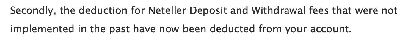 Vantage email sentence about Neteller deposit and withdrawal fees